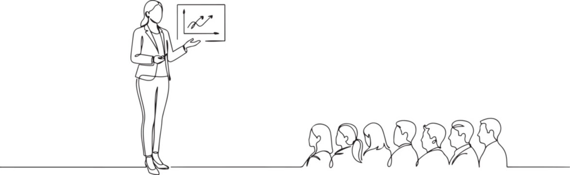 Single continuous line drawing attractive female consultant standing and giving speech to audience at the office. Public speaker presentation concept.one line icon drawing