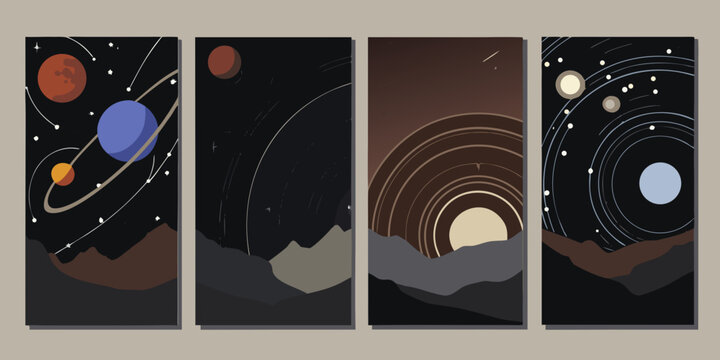 Retro Sci fi Planetary Systems Illustration Four Vertical Panels With Celestial Bodies And Landscapes
