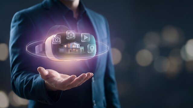 Virtual reality real estate platform concept, person holding VR headset with digital house and camera cube play and location icons, proptech, immersive property tour and smart home technology