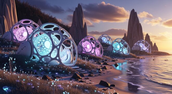 Futuristic organic structures glowing on a beach at sunset
