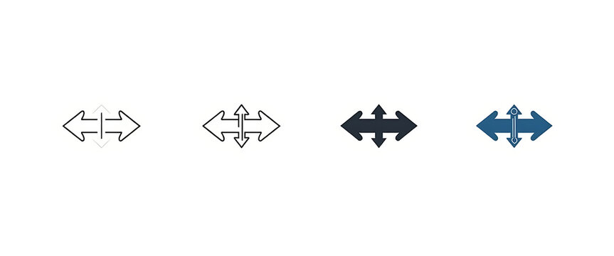 Set of four bidirectional arrow icons symbolizing expansion contraction movement and exchange on white background.