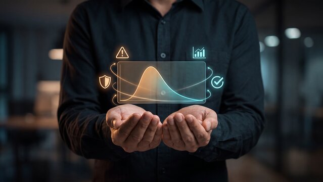 Risk analytics dashboard concept, professional holding digital panel with bell curve chart and warning shield bar graph and checkmark icons, predictive analytics, risk assessment and reporting