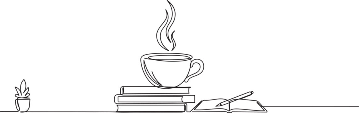 Single continuous line drawing cup of coffee or tea on pile of books on office desk. Work space table with books stack. Education and learning concept.one line icon drawing