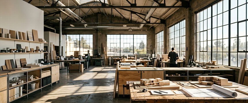 Luminous creative workshop interior with blurred industrial details and vibrant indoor plants including Chlorophytum comosum and Epipremnum aureum for artistic workspace background concepts