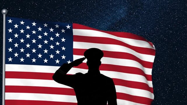Silhouette of saluting soldier under starry sky for Veterans Day