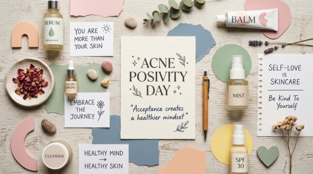 Pretty Acne Positivity Day flat lay with skincare products and notes promoting self love on a wooden surface. Top view of beauty bottles with encouraging quotes about skin acceptance and wellness day.