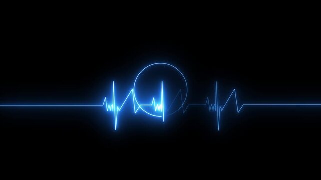 Blue neon heartbeat line on black background. Digital EKG pulse monitor for medical concept.