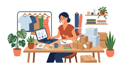 Fototapeta premium A woman manages her online clothing boutique from a desk filled with packages, fabric rolls, and a clothing rack in the background.