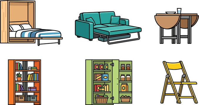 Set of space-saving and multi-functional furniture featuring a wall bed sofa bed and folding table illustrated in a modern flat vector style for compact home design