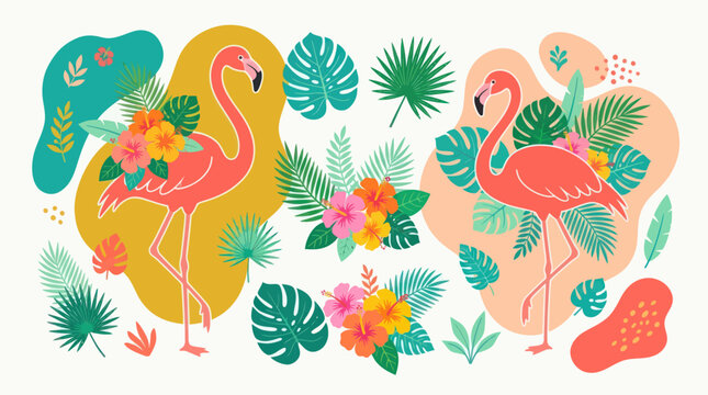 Two pink flamingos among lush tropical palm leaves.