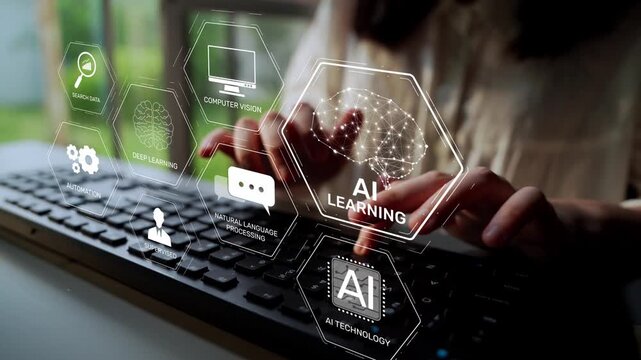 AI learning system involves deep learning, supervised machine learning, and natural language processing. AI learning diagram shows how AI advances learn in automation and data processing. Muxer