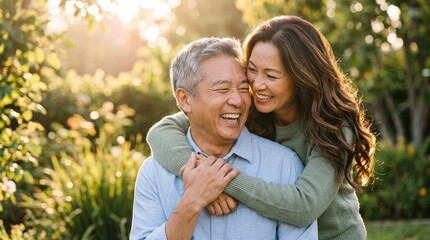Fototapeta premium Happy Mature Couple Embracing Joyfully Outdoors in Sunlight