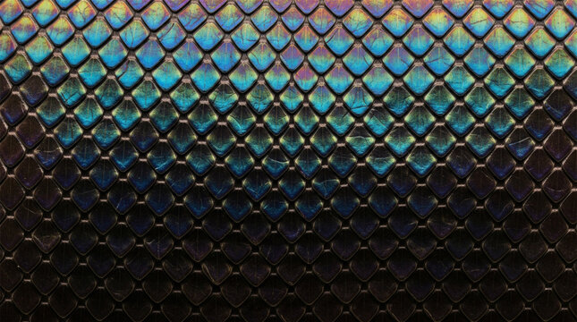 Scales arranged in a repeating geometric pattern display a vibrant iridescent gradient of metallic blue, green, and purple hues.