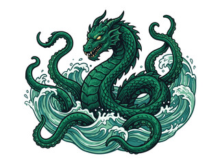 Fototapeta premium Mythical Green Dragon Emerging from Water with Fierce Expression.