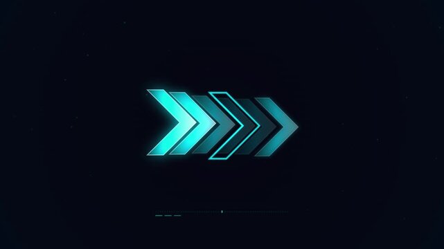 Futuristic glowing blue arrows forming a forward direction sequence on a dark digital background, technology and speed concept
