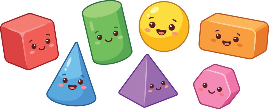 Cute 3D geometric shapes characters set, smiling cartoon figures, educational math illustrations, vector