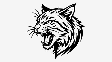 Obraz premium Aggressive Bobcat Head Roaring, Black and White Vector Illustration