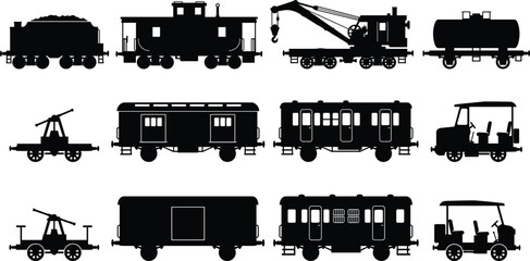 Railway Rolling Stock Silhouette Collection with Freight Cars Passenger Coaches and Maintenance Rail Vehicles © Abdul