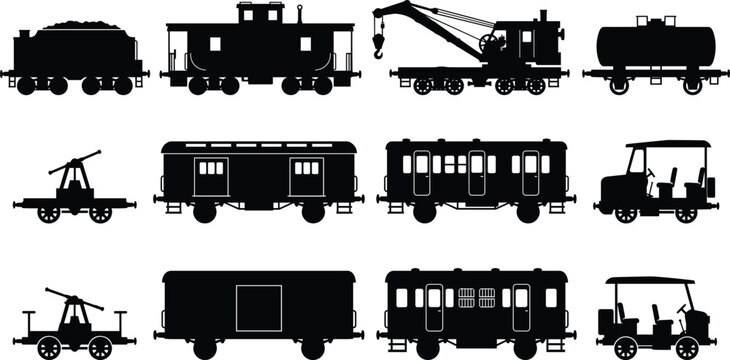 Railway Rolling Stock Silhouette Collection with Freight Cars Passenger Coaches and Maintenance Rail Vehicles