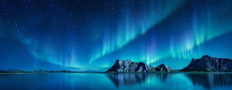 Spectacular Northern Lights Aurora Borealis Over Mountain Lake Under Starry Night Sky