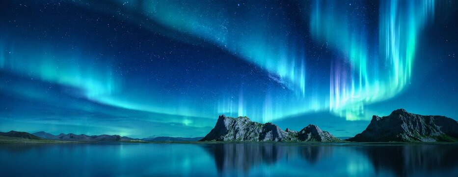 Spectacular Northern Lights Aurora Borealis Over Mountain Lake Under Starry Night Sky