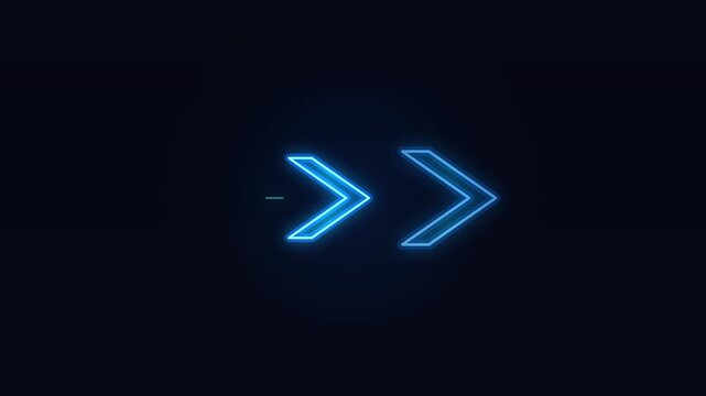 Glowing blue neon double chevron arrows advancing forward on dark background, motion graphics