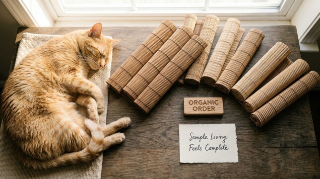 Serene ginger cat napping peacefully on a rustic wooden table next to rolled bamboo mats and a hand written note about simple living under soft