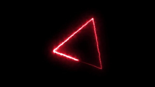 Glowing red neon triangle frame. Abstract light shape isolated on a black background.