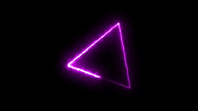 Glowing purple neon triangle frame. Abstract electric light shape on black background.