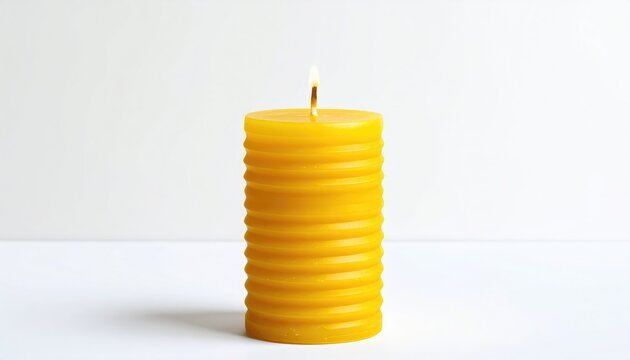 Tall, fluted yellow candle burns with a bright flame against white