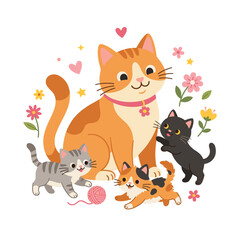 Fototapeta premium Cute Mother Cat with Playful Kittens Illustration