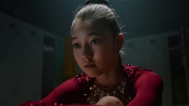 In Moody Locker Room Teen Girl Athlete Experiences Emotional Breakdown Before Major Tournament. Psychological Strain, Pre Performance Anxiety That Generation Z Competitors Face in Elite Youth Sports.