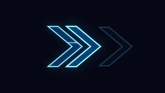 glowing blue chevron arrows moving forward on a dark grid background, digital interface element for direction or speed