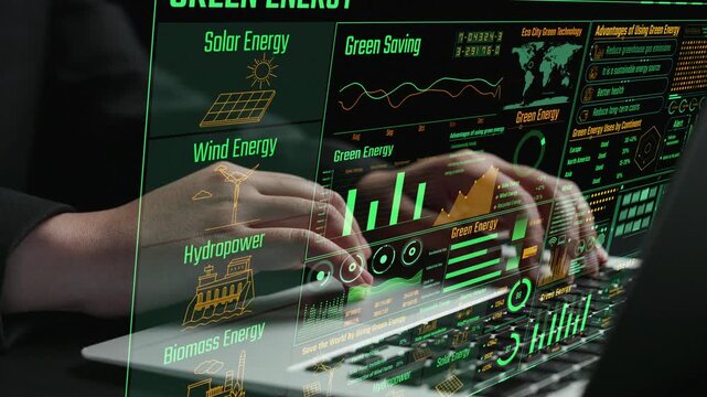 A professional setting showcasing a futuristic interface for green energy with visual data on renewable sources, highlighting sustainability and innovation in technology. Cipher