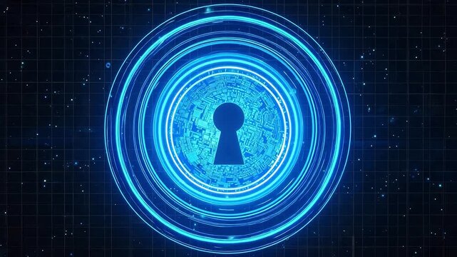 Futuristic Blue Digital Keyhole with Glowing Concentric Rings - Cybersecurity and Encryption Concept Animation