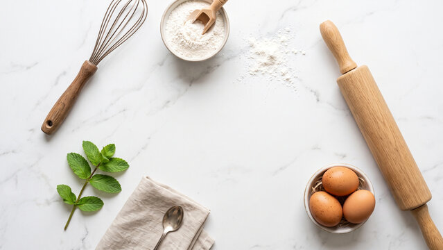 Baking ingredients and tools border frame on white marble background with copy space
