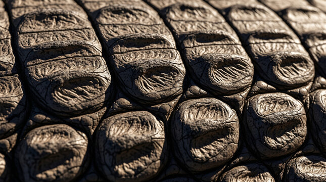 Alligator skin features rough armored plates and deep natural textures under warm sunlight.