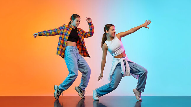 Two young women performing energetic hip hop dance moves on a colorful background dancer dancing hiphop