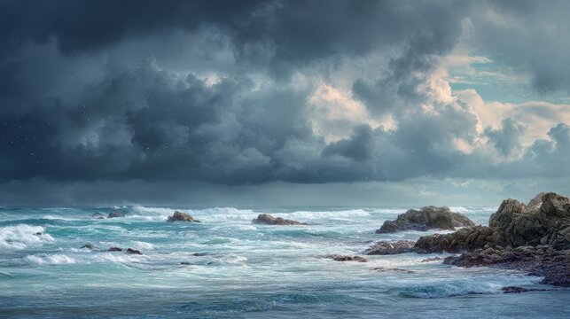 Churning turquoise ocean waves breaking on coastal rocks under heavy thunderclouds in a dramatic wide angle shot for environmental science marketing
