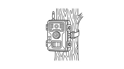 Trail Camera Mounted on Tree Trunk, Wildlife Monitoring Device, Outdoor Security © Maju