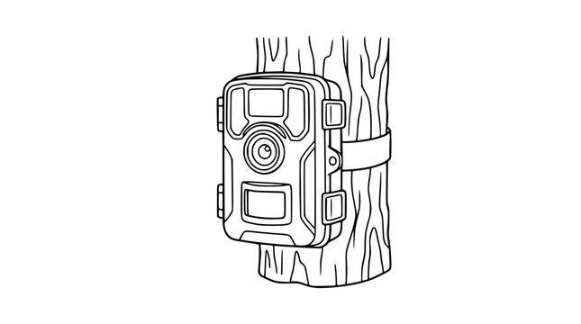 Illustration of a wildlife trail camera mounted on a tree trunk with a strap