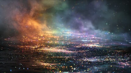 Fototapeta premium Rainbow glitter particles shimmering in a dreamy misty atmosphere with cinematic bokeh for creative media and entertainment marketing