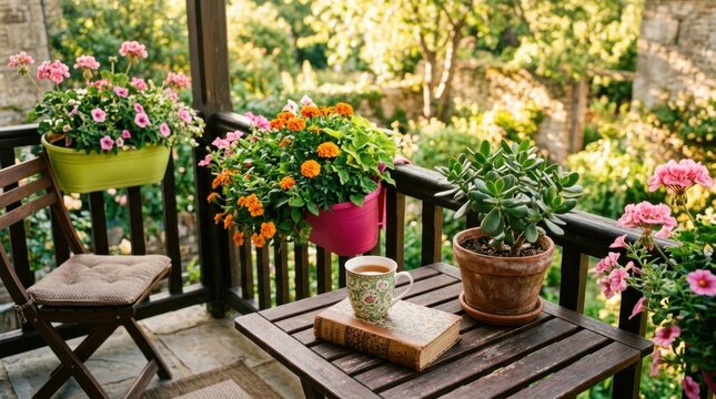 Beautiful wooden balcony decorated with vibrant blooming flowers and lush green plants features a cozy seating area with a wooden table holding a tea cup on an old vintage book during a sunny day.