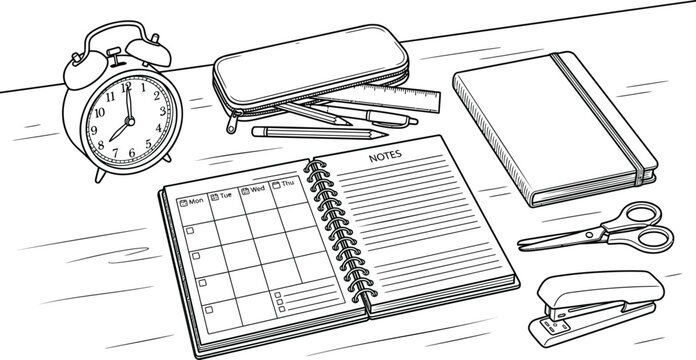 Workplace desk stationery set vector hand drawn illustration with alarm clock notebooks pencils ruler scissors stapler and open planner.