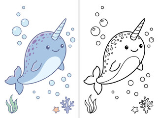 A cute narwhal vector illustration featuring a colorful graphic design alongside a clean black and white line art coloring page © Kevin