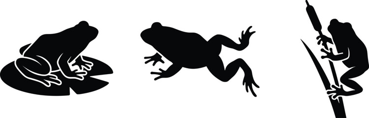 Black frog silhouette set showing sitting, jumping, and climbing poses on lily pad and reed © MdMonowar