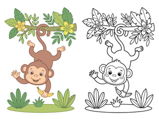 Cute cartoon monkey hanging from a tree branch holding a banana in this colorful vector illustration and line art set. © Kevin