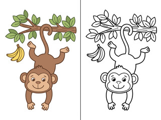 Cute brown monkey hanging from a tree branch with yellow bananas in this fun vector illustration for children coloring books © Kevin