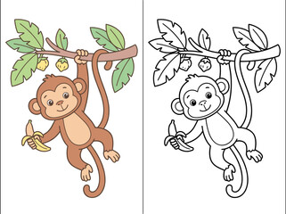 A cute cartoon monkey hanging from a tree branch holding a delicious yellow banana in this flat vector graphic illustration © Kevin