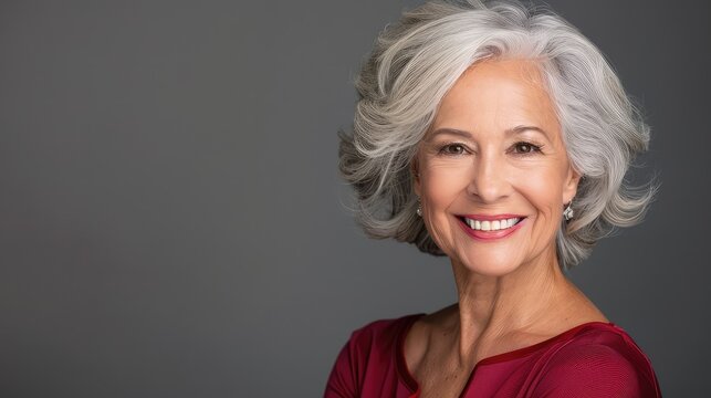 Beautiful elderly woman with silver hair smiling confidently in red blouse against gray background
